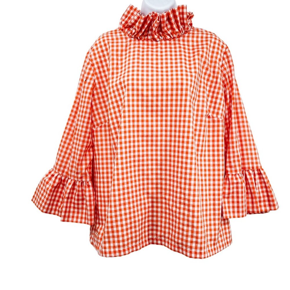 Elizabeth Wilson Katherine Top Gingham Plaid Check Ruffle Neck Orange White XL - Picture 3 of 9